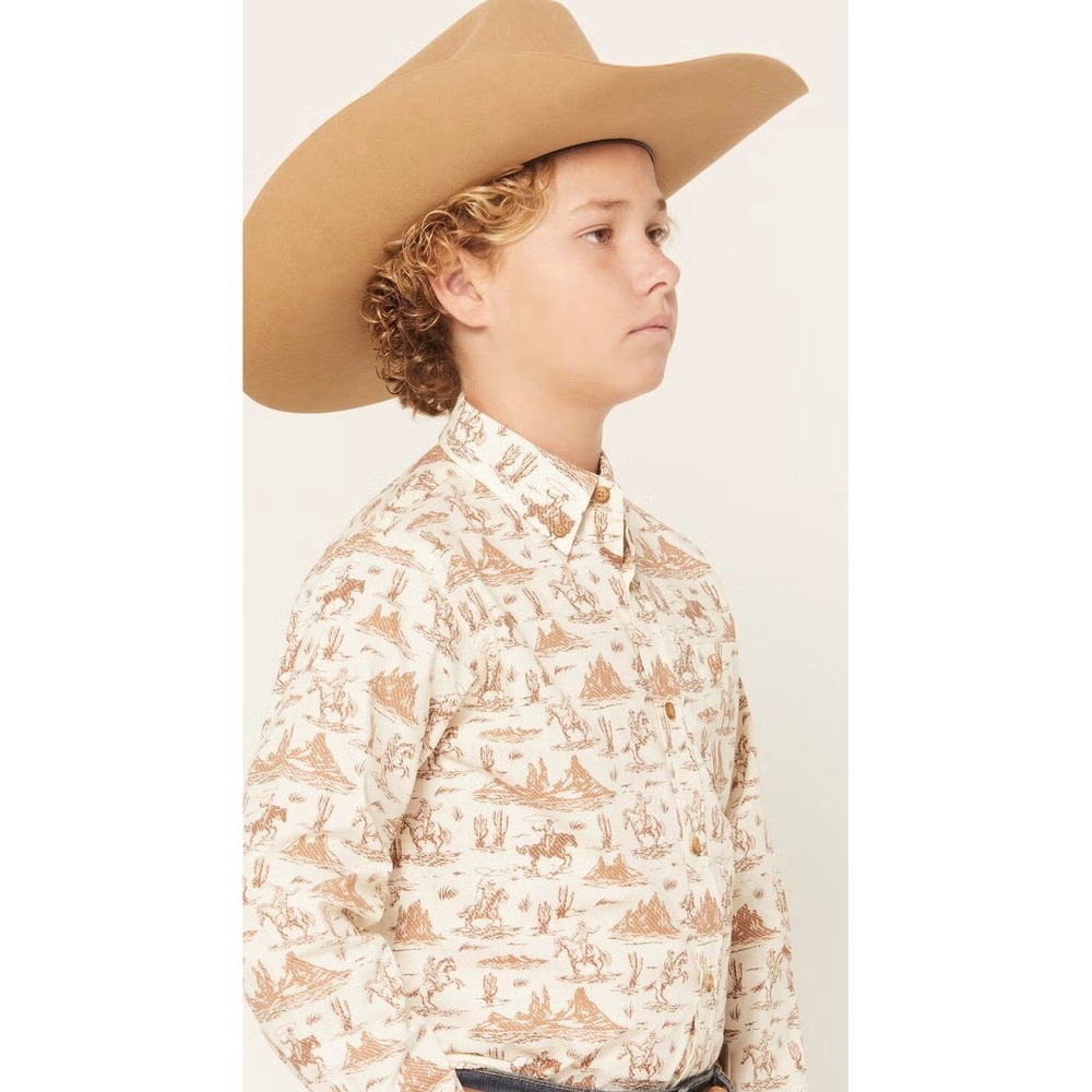 Ariat Boys' Conversation Print Long Sleeve Button-Down Western Shirt cream 10-12 - Picture 2 of 9